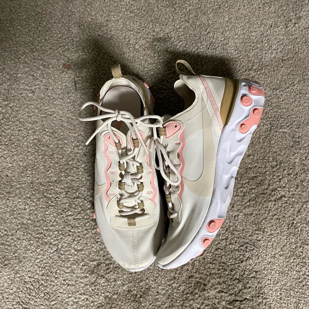 Size 8.5 women’s Nike React Element 55 in Phantom White, Orewood Brown, & Pink
